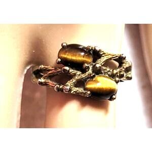 Vtg Womens Uncas Tiger Eye Ring 18KT HGE Brown Gemstone Goldtone Band Size 10